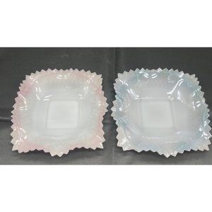 2 Square Milk Glass Candy Dish Ruffle Sawtooth Pink Blue Lusterware